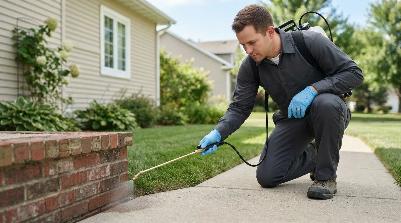 Pest control technician treating a home near Hillsboro, TN